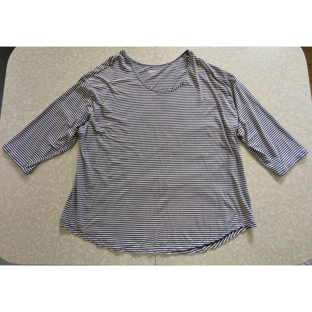 Lands End Womens 2X 20W-22W Navy White Striped 3/4‎ Sleeve Scoop Neck Top Cotton